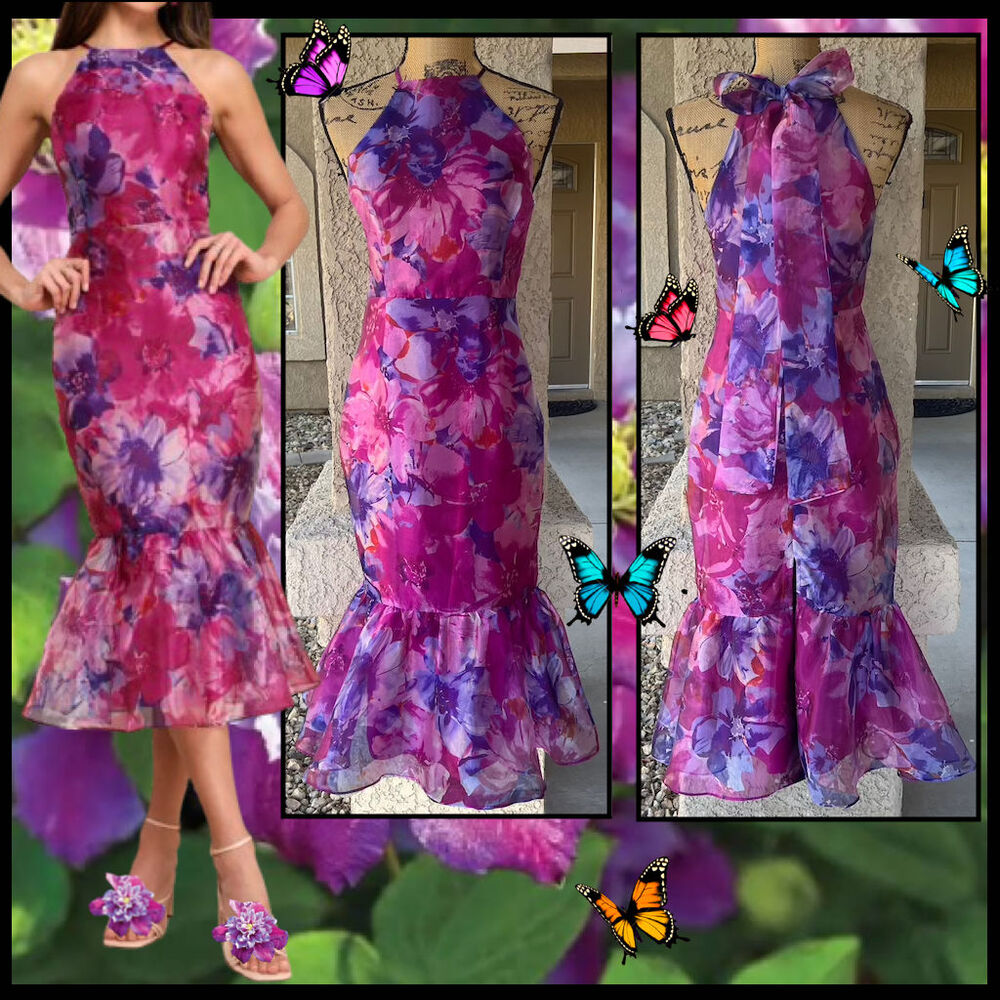 Lulus Magenta Floral Organza Tie Bow Back Trumpet Midi Dress Size Small